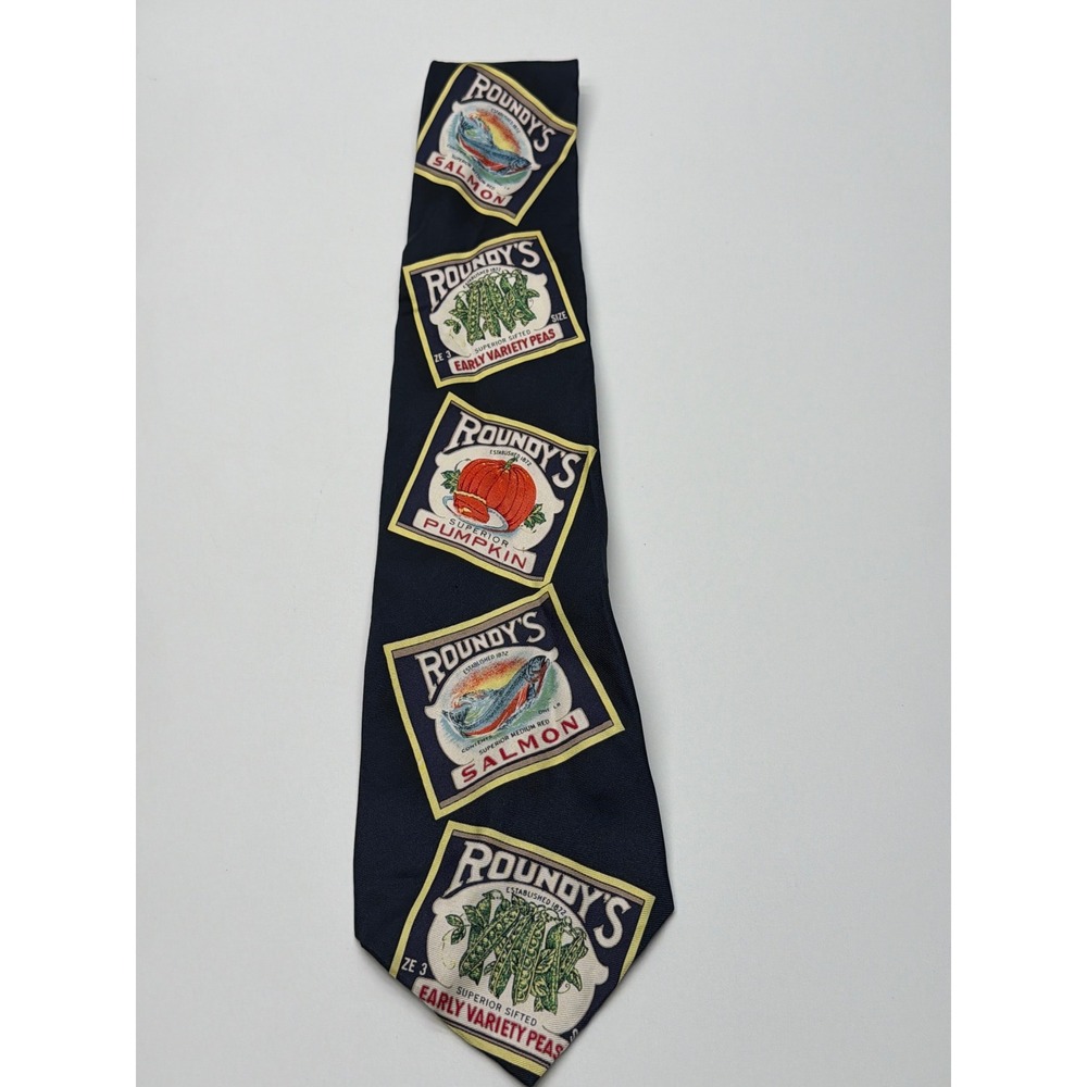 Roundy's Vintage Grocery Label Silk Tie Navy Blue Salmon Pumpkin Peas Novelty